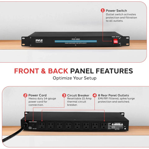 Front and back view of Rack Mount Power Conditioner With 1800W Capacity, 8 Outlets, 19 Inch Enclosure, Surge Protection And Noise Suppression For Studio Gear, Heavy Duty Pro Audio Power Strip For AV Setups, Rear Panel Circuit Breaker.