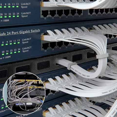 Cat7 Ethernet Cable 15 Ft Flat Patch Cord with shielded STP RJ45 connectors in server setup, 10 Gbps networking, 600 MHz bandwidth