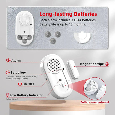 Diagram showing door window alarms with LR44 batteries, alarm setup, and battery compartment. Door Window Alarms 5 Pack 125dB With Volume Control Wireless Sensors Keep Your Home Safe And Sound For Kids And Seniors Pools Offices Easy To Install Long Battery Life Ideal For Dementia Care And Apartment Security.