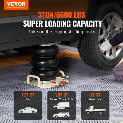 Beefy Triple Bag Air Jack For Cars, 3 Ton Pneumatic Lift With Six Steel Pipes shown lifting a vehicle up to 17.7 inches in garage