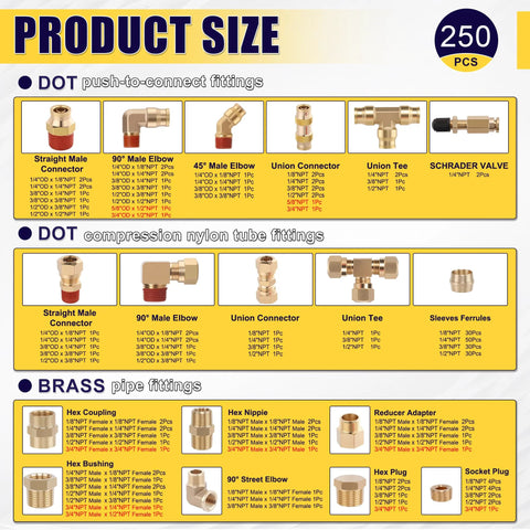Ailbiuko 250-pc brass DOT air brake line fittings and nylon tube compression fittings kit, various sizes
