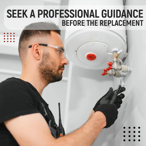 Water heater pilot assembly on a gas water heater, technician installing while wearing safety goggles and gloves.