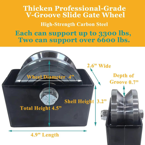 Two Pack 4 Inch V Groove Gate Wheel With Bracket Built For Extreme Load Capacity Up To 6600 Lbs Total Safe Working Load Zinc Plated Roller