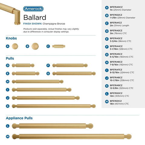 Chart showing various sizes of Transitional Champagne Bronze Cabinet Pull, 5-1/16 Inch Center-To-Center, 5-9/16 Inch Overall Length, Model BP37644CZ