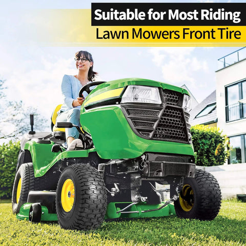 15x6.00-6nhs Beefed Up Lawn Mower Tires and Wheels Set front installed on riding mower, compatible with John Deere