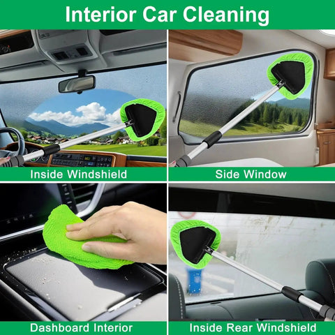 Long Reach Windshield Cleaner Tool With 180 Degree Pivot And Microfiber Pads used on car windows and interiors