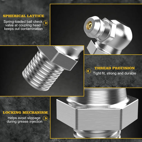 Close-up view of Beefy Pro Grade Heavy Duty 60 Piece Galvanized Steel Grease Fittings with detailed features highlighted.