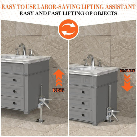 Labor Saving Arm Jack Two Piece Set For Doors Cabinets Windows And Drywall Lift in use raising a bathroom cabinet