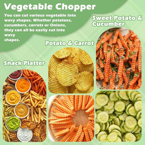 Vegetable slices made with a Crinkle Cut Knife For Veggies And Fries With Ergonomic Handle Stainless Steel Veggie Cutter, including sweet potatoes, cucumbers, and carrots.