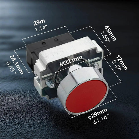 Close-up of 22mm Control Station Box Set component with red push button and measurements, part of Built-Tough Panel Mount kit for industrial use.
