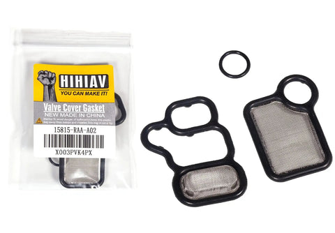 Honda VVT VTEC Solenoid Gasket Kit With Spool Valve Filter For Accord CRV Element Civic Si Crosstour RDX Acura TSX 2.0L 2.4L Engines Compatible 2002 To 2015 Models Includes 15845-RAA-A01 And 15810-RAA-A01 showing main gasket and filter with packaging