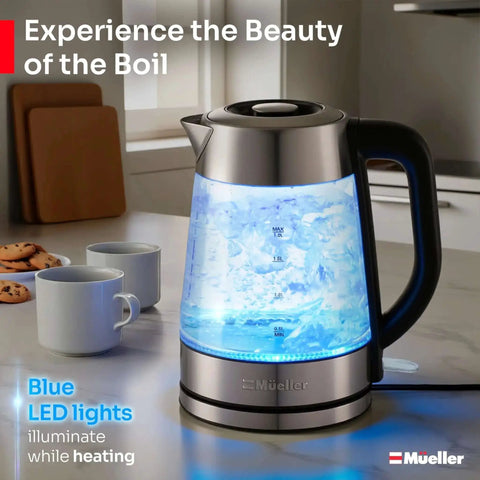 Rapid Boil Electric Tea Kettle 1.8L With Borosilicate Glass And Stainless Steel BPA Free LED Indicator Light on kitchen counter