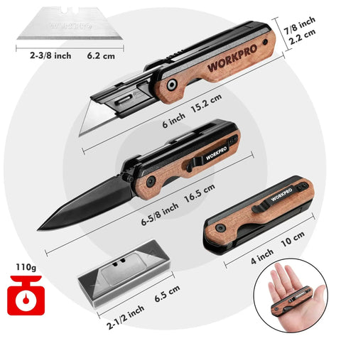 2-In-1 Folding Utility Knife With Quick Change Blades Belt Clip Liner Lock showing dimensions and hand-held size