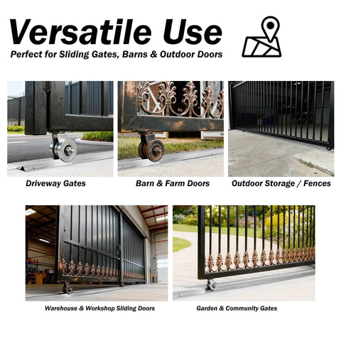 Heavy Duty Galvanized V Track for Sliding Gates, Inverted V Groove Gate Rail with hammer drive anchors shown on various gates