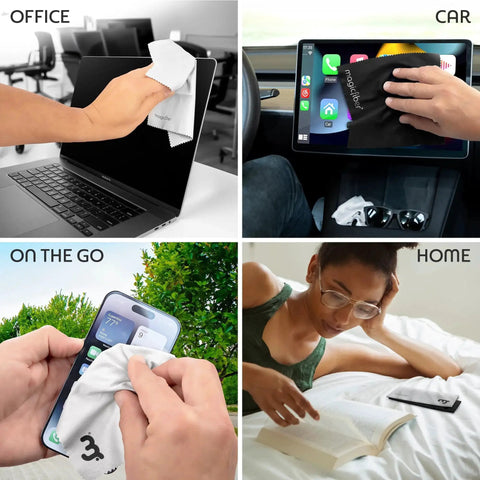 Collage showing Premium Microfiber Cleaning Cloths For Glasses Screens Lenses 2 Pack used on laptop, car screen, phone, and glasses.