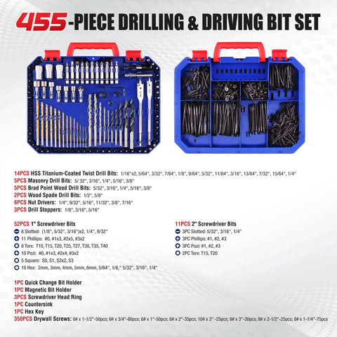 All In One 455 Piece Drill Bit And Screwdriver Bit Set With Titanium Twist Bits And Double Sided Storage Case displayed open