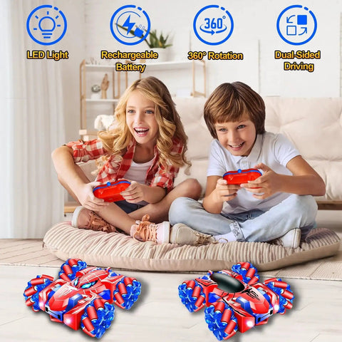 Kids playing with Kids 2.4GHz Rechargeable RC Car With 360 Degree Rotating Dual Side Driving 4WD Stunt Vehicle With Totally Cool Lights indoors