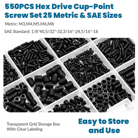 Must Have Heavy Duty Set Screw Assortment Kit 550 Pcs 25 Sizes Metric SAE Grub Screws in Storage Box