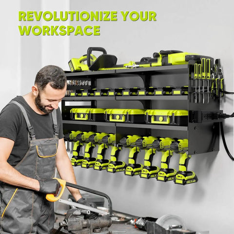 Rugged Power Tool Organizer Wall Mount With Charging Station, 4 Layer Heavy Duty Metal Tool Rack Holds 600 Lbs installed in garage