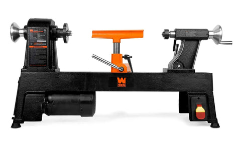 Powerful Benchtop Wood Lathe With 4.5 Amp Motor And 12 By 18 Inch Capacity Five Speed Settings Up To 3400 RPM Includes Three And One Eighth Inch Faceplate For Bowls And Cups MT2 Tapers Ideal For Hobbyists And Makers Wen, front view.