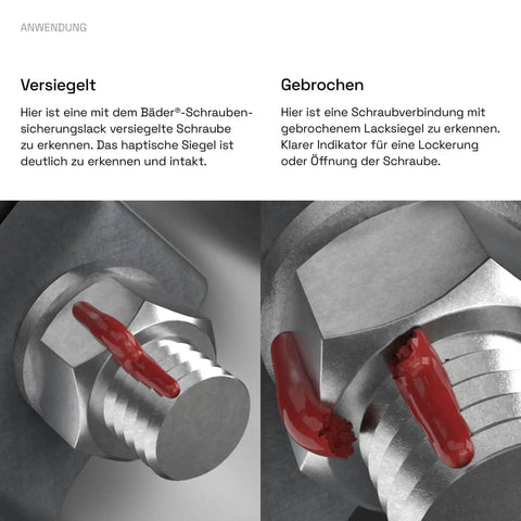 Comparison of screws with red threadlocker seal, one intact and one broken, showing effectiveness of Blue Threadlocker Paint 50 Ml Tube.
