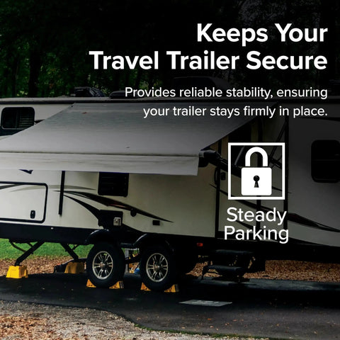 Two Pack Heavy Duty RV Wheel Chocks With Rope For Trailers Up To 26 Inches securing parked travel trailer