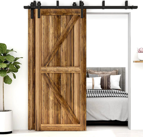 Space Saving Bypass Sliding Barn Door Hardware Kit With Double Track For Low Ceiling Heavy Duty Smooth Glide For Double Wooden Doors Easy Install Carbon Steel Hangers Aluminum Rails And POM Wheels Built To Last. Feature image showing installed wooden doors in a bedroom.