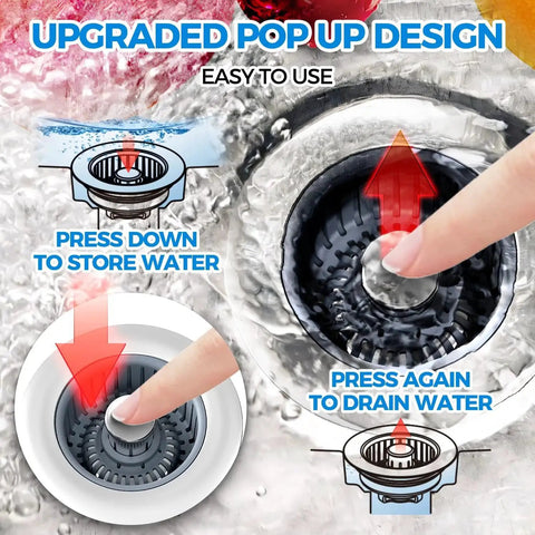 3 In 1 Kitchen Sink Drain Strainer With Stopper And Odor Barrier Basket in use, showing pop-up design and water flow control.