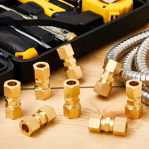 4 Pack Brass Compression Tube Fittings 3/8 Inch OD Union Connectors for copper, aluminum, and plastic tubing displayed with tools.