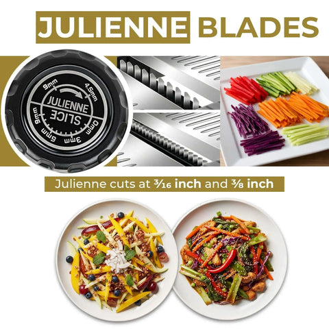All In One Adjustable Mandoline Slicer With Built In Blades For Kitchen Prep Potato Cutter Veggie Chopper Cucumber Slicer And Julienne Options Includes Cut Resistant Gloves No Fuss Waffle Fry Cutter For Effortless Consistent Slicing showcasing julienne blades with food examples.