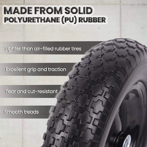 Close-up of Flat Free Wheelbarrow Tire And Wheel Set, 14.5 Inch Solid Wheel With 3 Inch Hub, made from solid polyurethane.