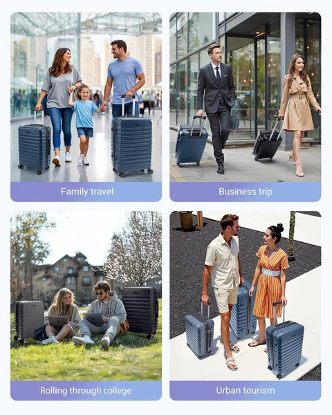 Durable 3 Piece Luggage Set Light Flight with people traveling; various scenarios include family, business, college, and urban tourism.