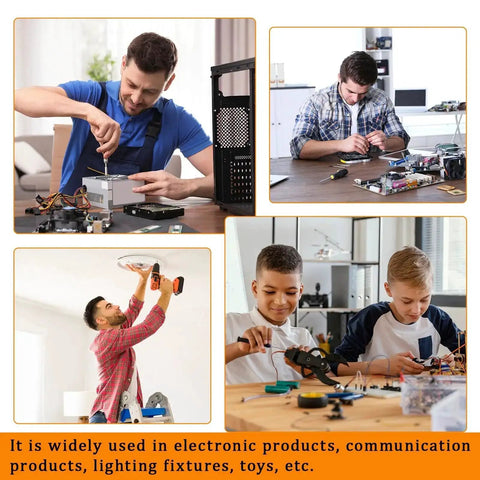 Collage showing people using tools for assembling electronics and installing fixtures