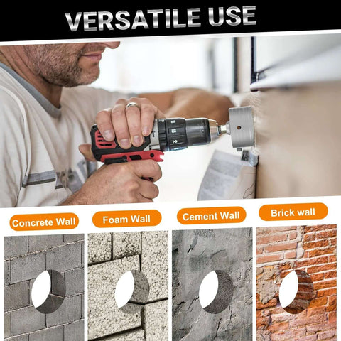 Person using masonry hole saw kit for cement, brick, and stone with 4 inch SDS Plus Max shank on wall.