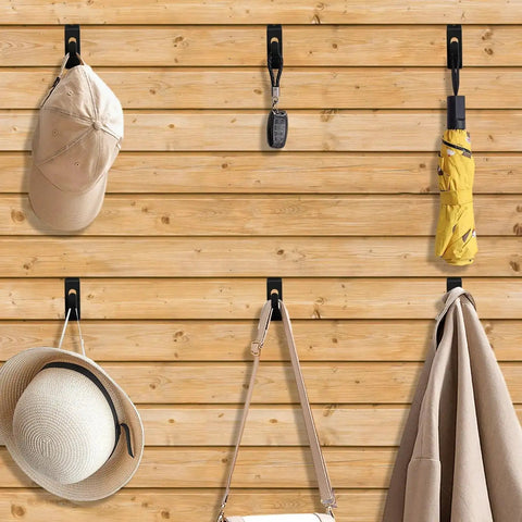 Heavy Duty Slatwall Notch Hook Set displaying hats, coat, umbrella on slat wall, Stainless Steel Slat Wall Hangers For Photo Frames And Artwork