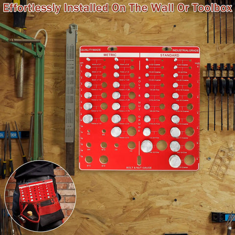 Pro Grade Nut And Bolt Thread Checker With Inch And Metric Gauge Aluminum Alloy Precision Tool For Identifying Thread Size Go No Go ANSI Class 2B Standards 34 Nut And Bolt mounted on wall with visible gauge sizes.