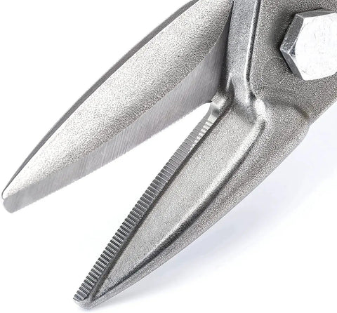 Close-up of molybdenum blades on 9-3/4 Inch MetalMaster Compound Action Snips for straight left and right cuts with serrated edges.