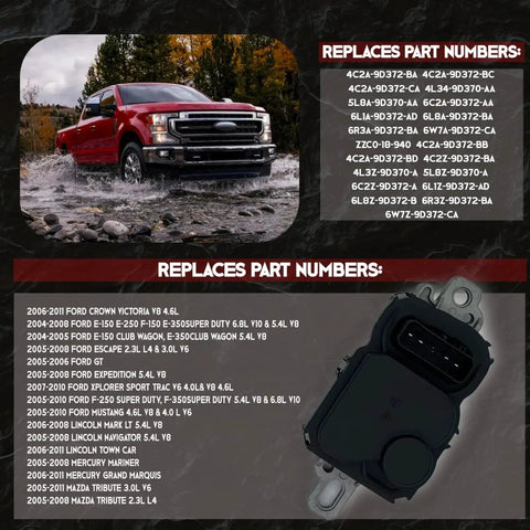 Image of Fuel Pump Driver Module 590-001 Fits Ford, Lincoln, Mazda, Mercury Vehicles From 2004 Through 2011 With 2-Year Warranty next to a red truck.
