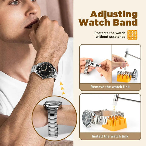 Pro-Grade All-In-One Watch Repair Kit With Link Removal, Pin Tool, Battery Replacement, Strap Adjustment, And Carrying Case For Mechanical, Quartz, And Digital Watches displayed with wrist watch and adjustment process.