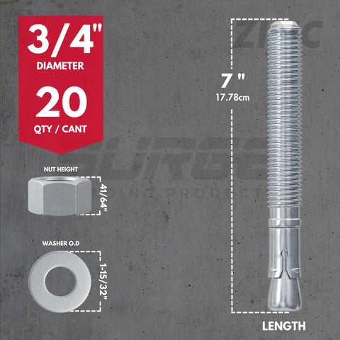 Front view of 3/4 inch zinc plated wedge anchor, dimensions shown, for Heavy Duty Three Quarters Inch Wedge Anchors For Concrete And Cement With Zinc Plating Seven Inch Length Box Of Twenty For Reliable Hold In CMU And Block Rust Resistant Fastening.