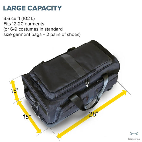 Dance Team Travel Bag With Garment Rack And Rolling Duffel 28 Inch Aluminum Clothes Rack, showing dimensions and large capacity