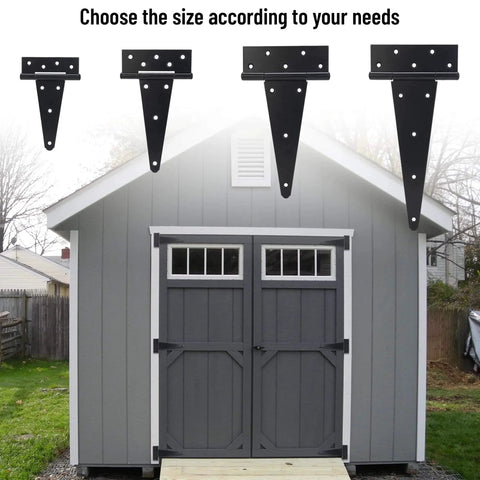 Comparison chart of 10 Inch T Strap Gate Hinges in different sizes for shed with visible installation on barn doors
