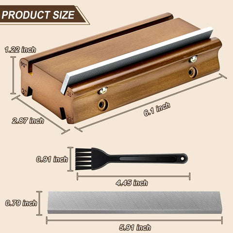 4 In 1 Guitar Fret File Tool With 3 Degree 23 Degree 35 Degree And 90 Degree Angles, shown with dimensions and parts.