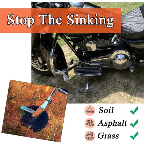 Jiffy Stand Coaster Kickstand Pad For Harley Motorcycles with side stand on dirt, grass, and asphalt, prevents sinking.