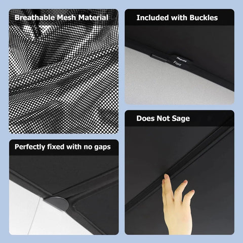 Close-up of Nano Reflective Sunshade for Model Y 2025 2026 Heat Insulation UV Protection showing mesh material and buckles.