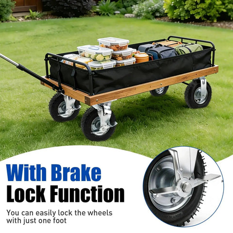 8-inch pneumatic caster wheels with brakes on a four-wheeled wooden cart with black fabric sides; front view.