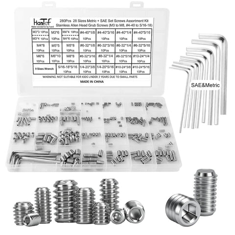 280 Piece Set Screw Kit With 28 Sizes Metric And SAE Allen Grub Screws In 304 Stainless Steel Internal Hex Drive Cup Point For Door Knobs And Faucets A Handy DIY Must Have For Bathroom Fixtures And Hardware Repairs contains screws and hex wrenches in an organized case