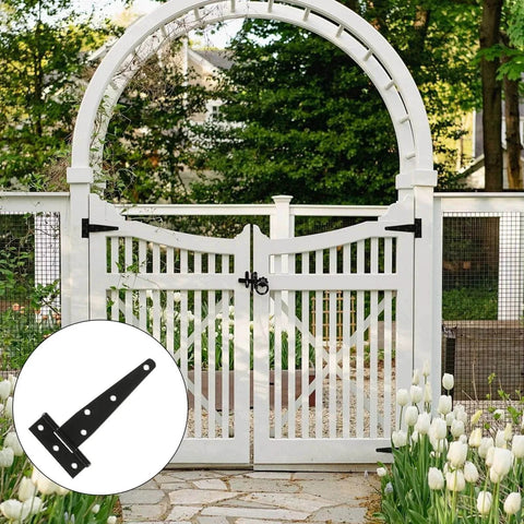 12 Pcs 6 Inch T Strap Hinges Heavy Duty Outdoor Tee Hinge on white wooden garden gate image