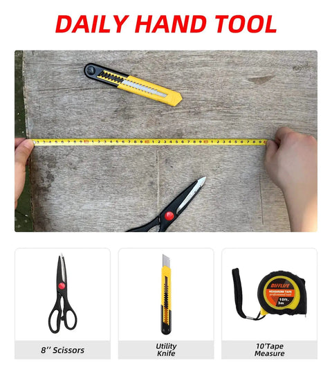Measuring wood with tape from 40 Piece Home Tool Set With Plastic Toolbox Storage Case And Chrome Vanadium Hand Tools