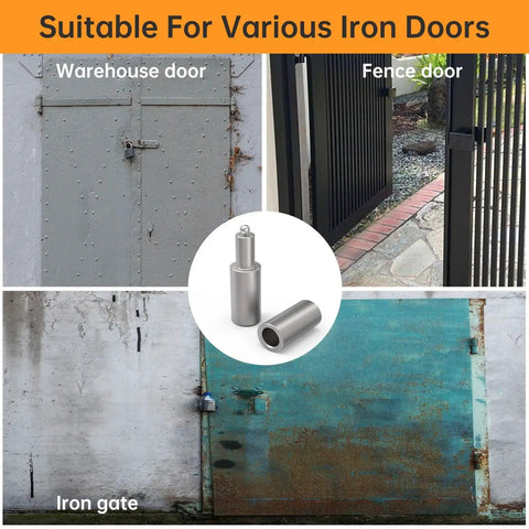 Heavy Duty Weldable Barrel Gate Hinges For 4 Inch Posts Weld On Iron Door Hinges For Metal Gates Ball Bearing Detachable Steel Hinges 0.92 Inch Barrel Diameter, shown with different iron doors like warehouse, fence, and iron gate.